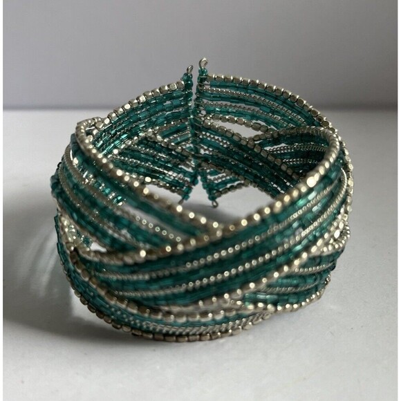 Vintage Beaded Wide Cuff Bracelet Turquoise/Silver Stretch 1.5" Wide - Picture 2 of 6